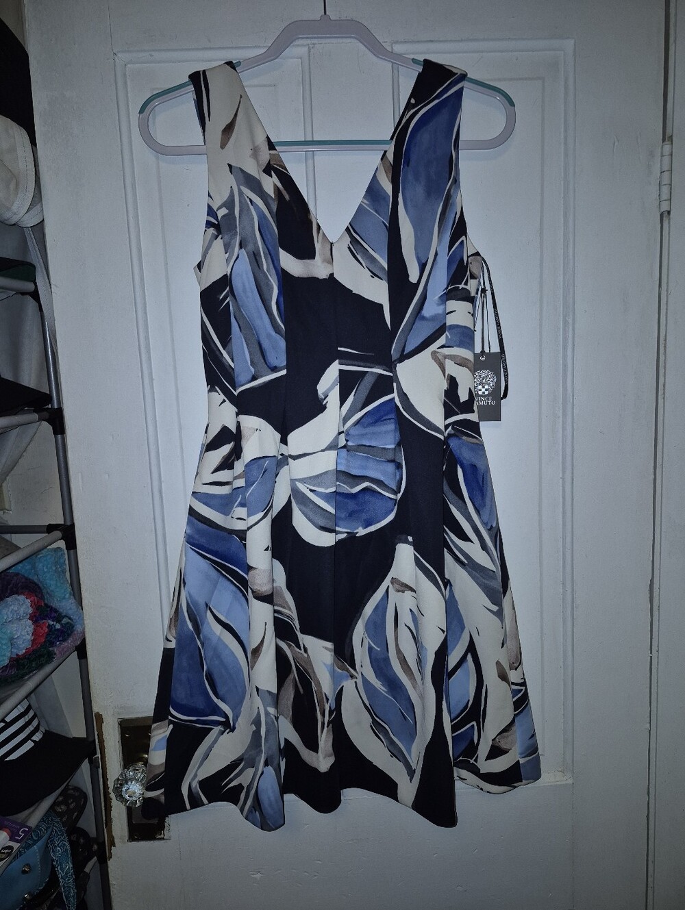 Vince Camuto Sleeveless V-Neck Fit-and-Flare Dress in Blue, Black, Cream